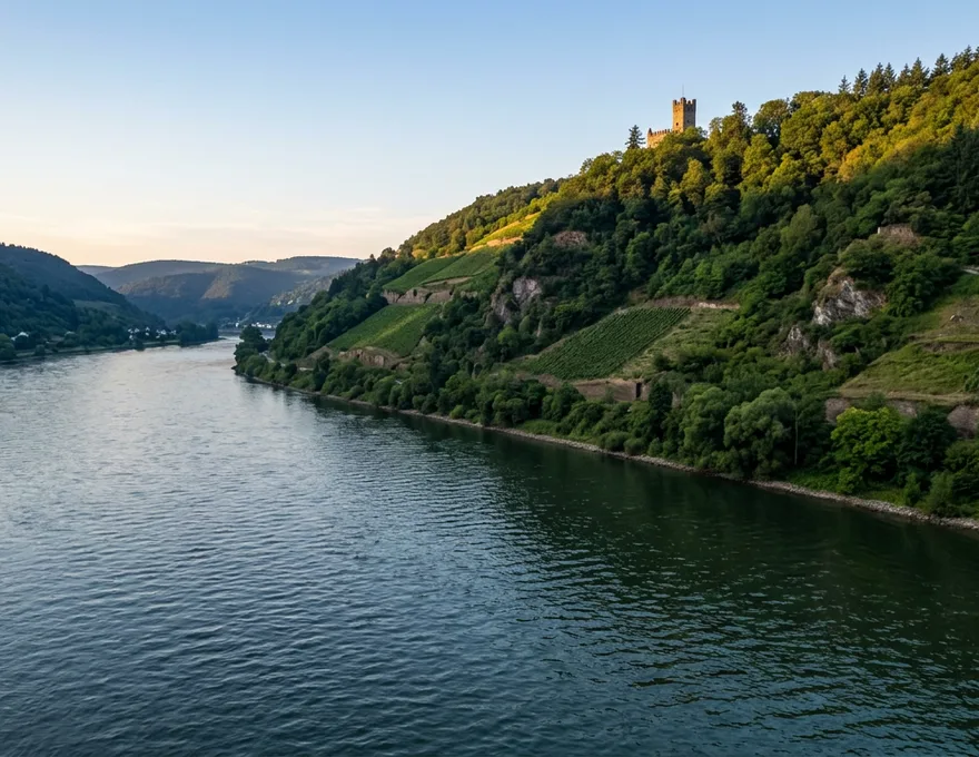 Formatbeispiel Drohnenblick: Flusstal mit Burg und Weinbergen