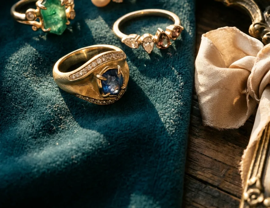 Formatbeispiel Schmuck-Flatlay: Ringe auf Samt · Detailaufnahme