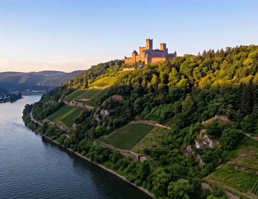 Formatbeispiel Drohnenflug: Flusstal mit Burg